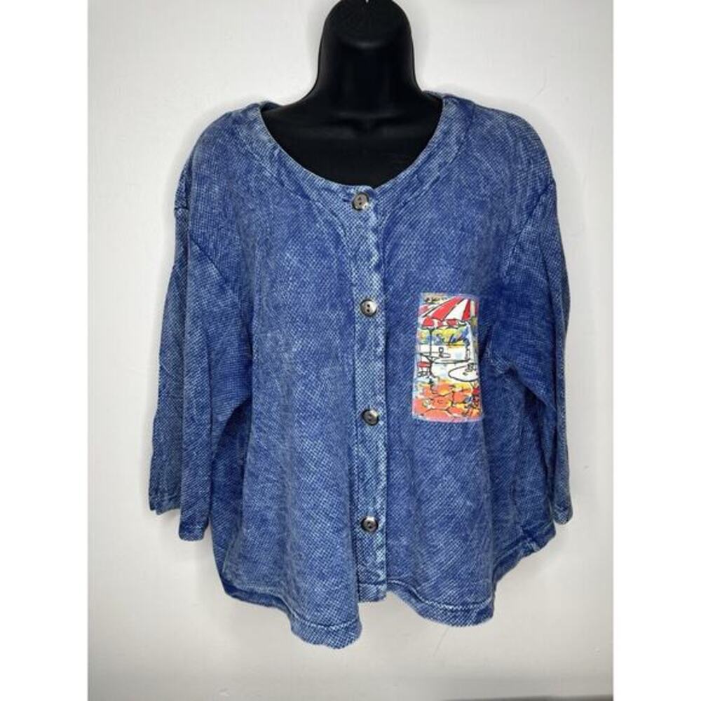 Michael Leu Collection Blue Cropped Shirt Cafe Scene Women’s Size XL
